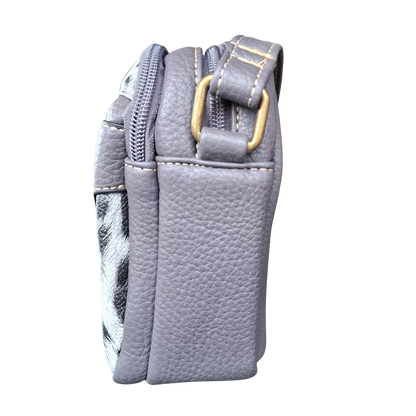 Cotton Road Sling Bag: GREY PU leather Crossbody with Leopard Print SIDE VIEW