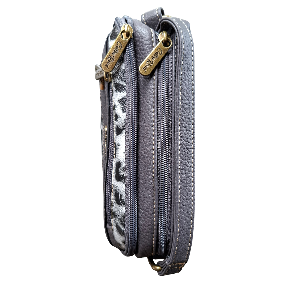 Cotton Road Sling Bag: GREY PU leather Crossbody with Leopard Print TOP ZIPS VIEW