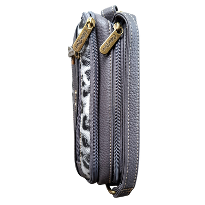 Cotton Road Sling Bag: GREY PU leather Crossbody with Leopard Print TOP ZIPS VIEW