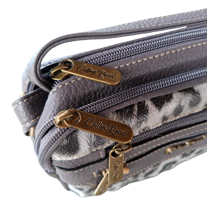 Cotton Road Sling Bag: GREY PU leather Crossbody with Leopard Print ZIPS