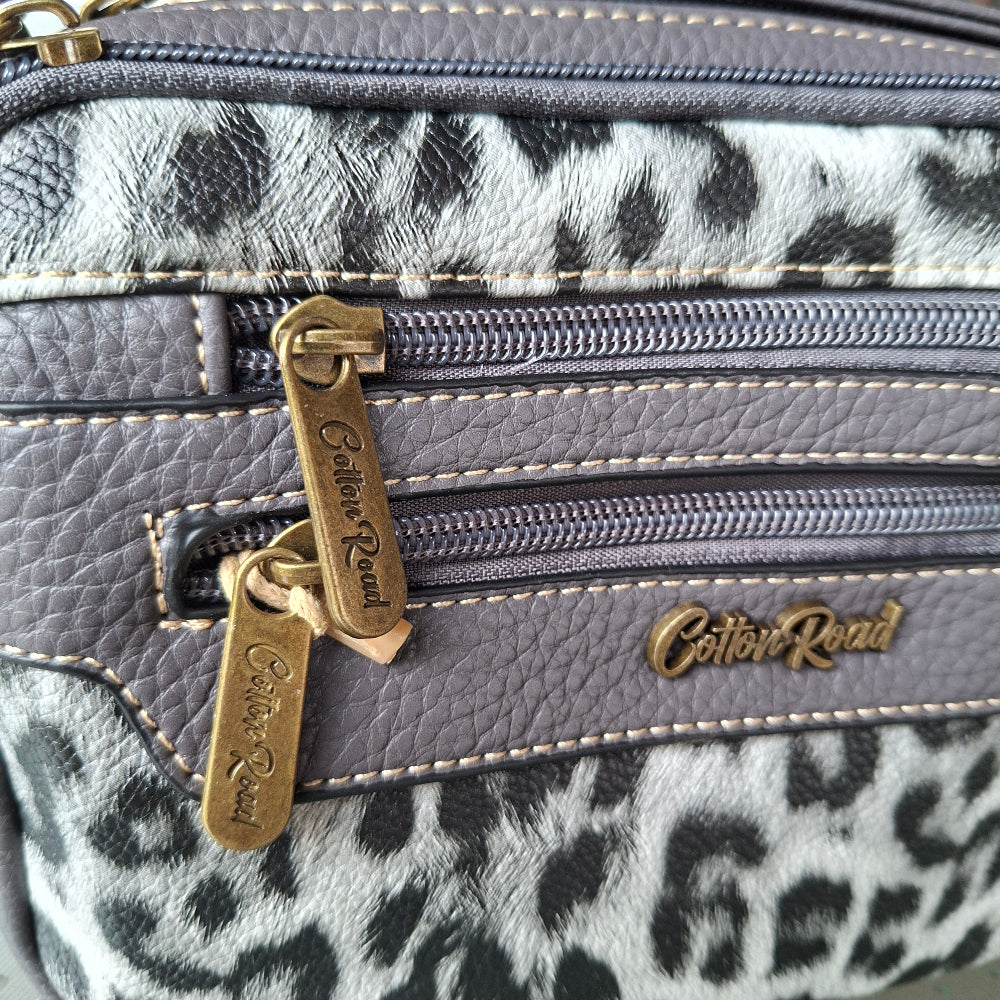 Cotton Road Sling Bag: GREY PU leather Crossbody with Leopard Print ZOOM VIEW