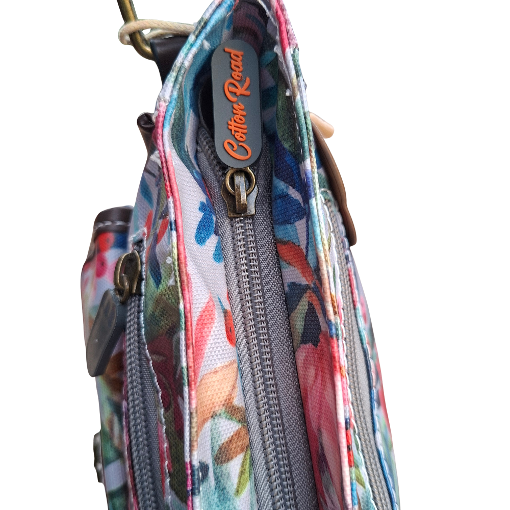 Cotton Road Sling Bag: GREY PVC with Colorful Protea Floral Print TOP ZIP