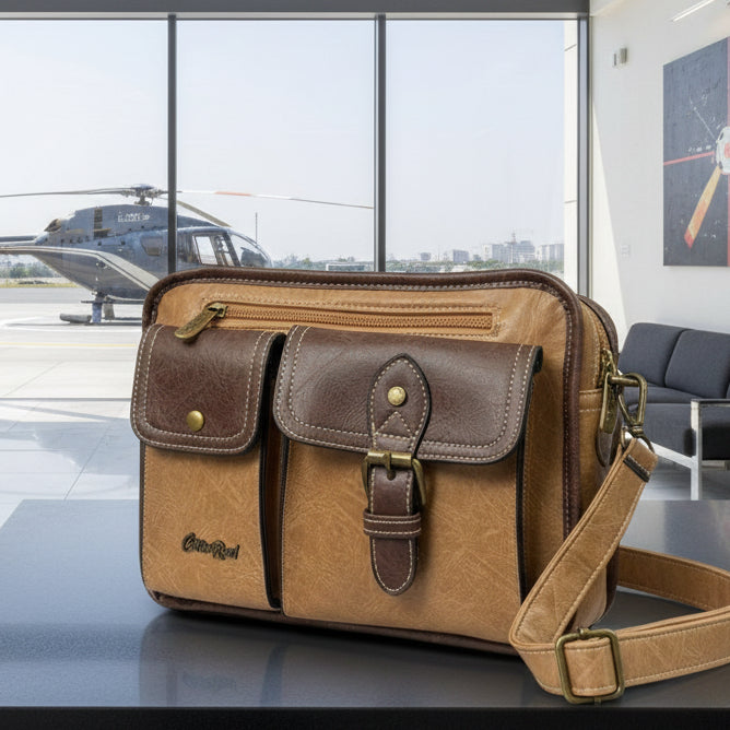 Cotton Road Sling Bag: KHAKI/BROWN PU Leather Bag with Pockets