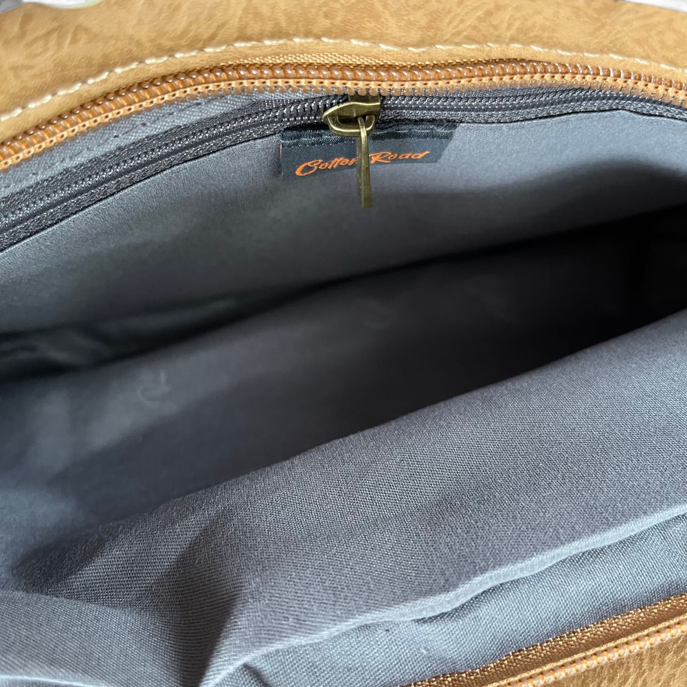 Cotton Road Sling Bag: KHAKI/BROWN PU Leather Bag with BROWN Trim and Buckle Detailing inside