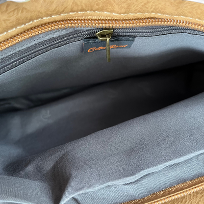 Cotton Road Sling Bag: KHAKI/BROWN PU Leather Bag with BROWN Trim and Buckle Detailing inside