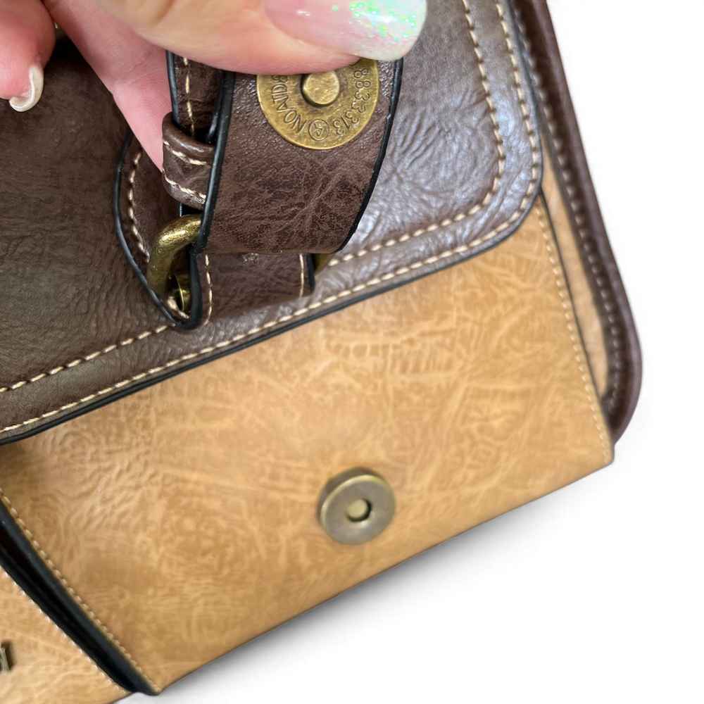 Cotton Road Sling Bag: KHAKI/BROWN PU Leather Bag with BROWN Trim and Buckle Detailing cip