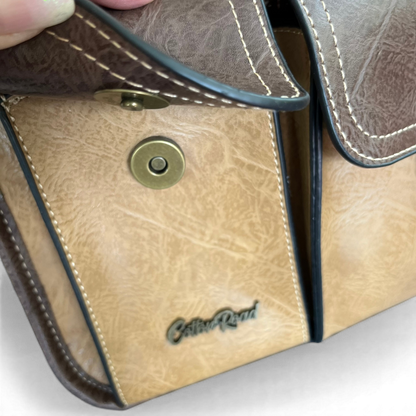 Cotton Road Sling Bag: KHAKI/BROWN PU Leather Bag with BROWN Trim and Buckle Detailing clip pocket