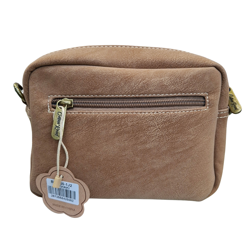 Cotton Road Sling Bag: KHAKI Mini Crossbody with Branded Strap BACK