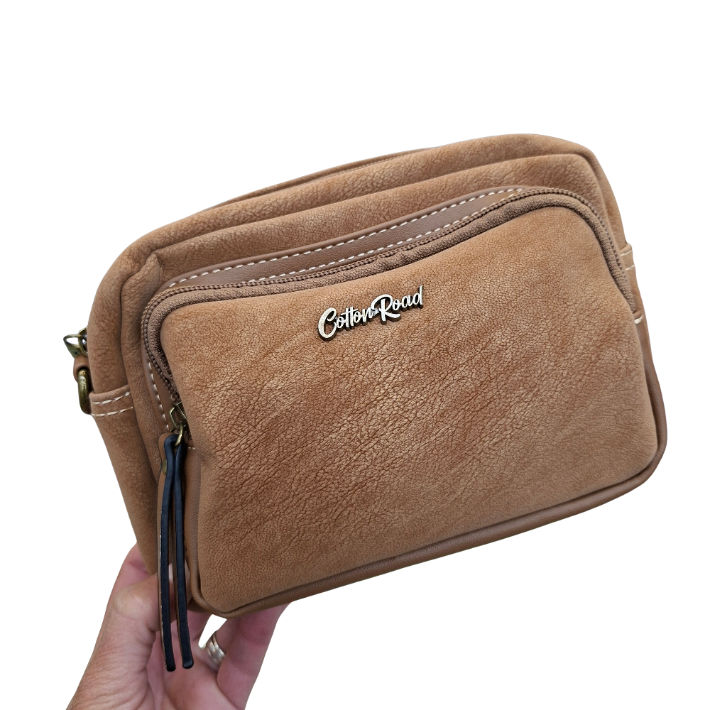 Cotton Road Sling Bag: KHAKI Mini Crossbody with Branded Strap FRONT