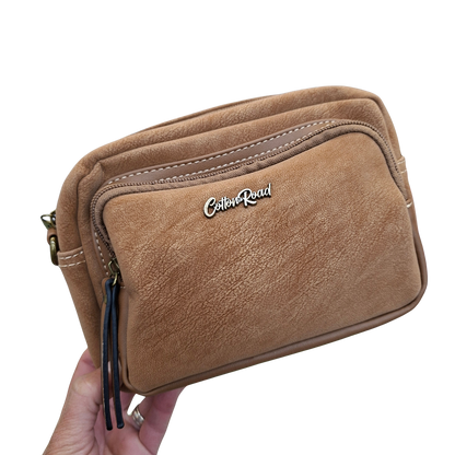 Cotton Road Sling Bag: KHAKI Mini Crossbody with Branded Strap FRONT