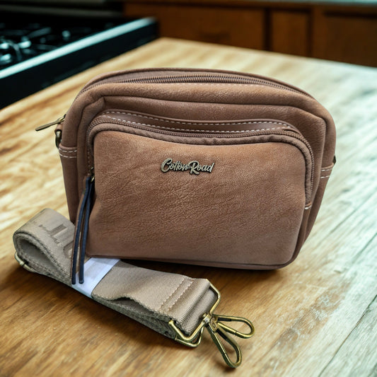 Cotton Road Sling Bag: KHAKI Mini Crossbody with Branded Strap HERO