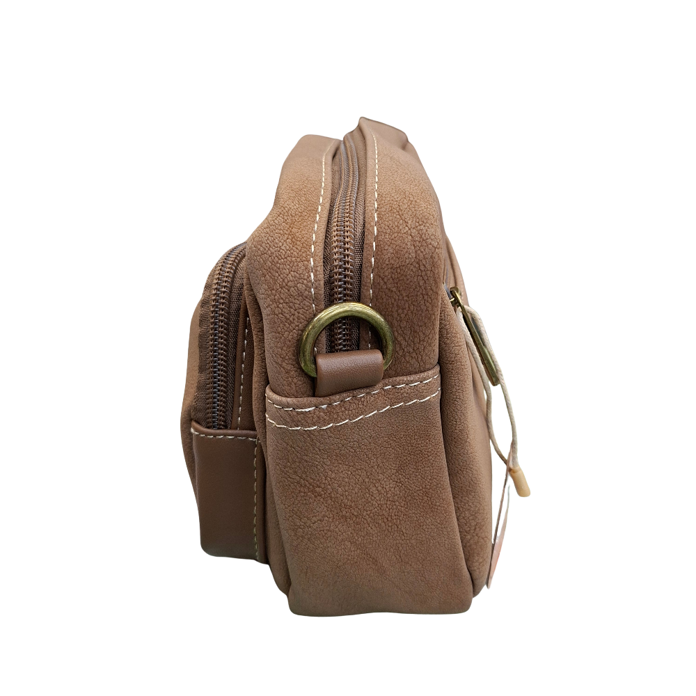 Cotton Road Sling Bag: KHAKI Mini Crossbody with Branded Strap SIDE VIEW
