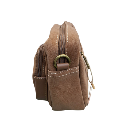 Cotton Road Sling Bag: KHAKI Mini Crossbody with Branded Strap SIDE VIEW