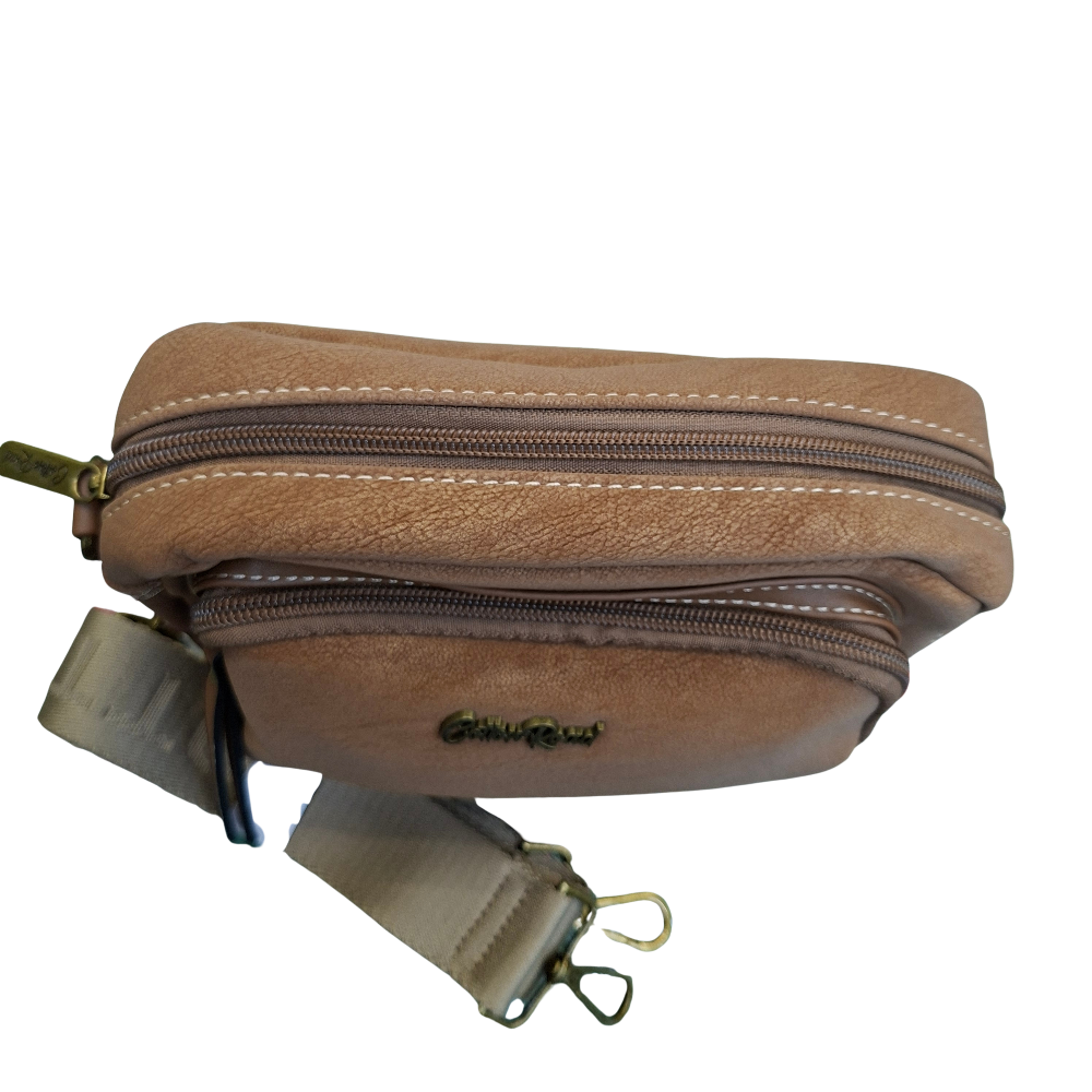 Cotton Road Sling Bag: KHAKI Mini Crossbody with Branded Strap TOP ZIP