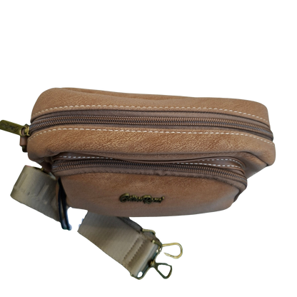 Cotton Road Sling Bag: KHAKI Mini Crossbody with Branded Strap TOP ZIP
