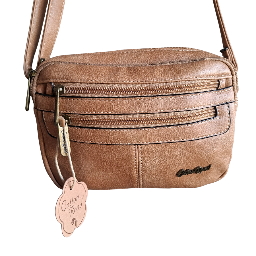 Cotton Road Sling Bag: KHAKI PU Leather Crossbody with Adjustable Strap FRONT
