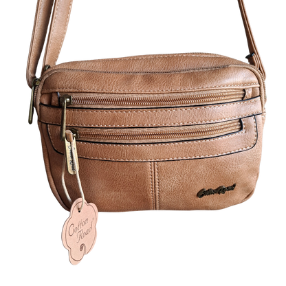 Cotton Road Sling Bag: KHAKI PU Leather Crossbody with Adjustable Strap FRONT