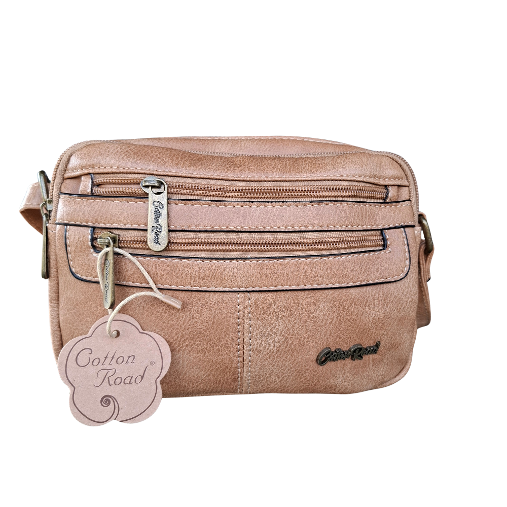 Cotton Road Sling Bag: KHAKI PU Leather Crossbody with Adjustable Strap FRONT DETAILING