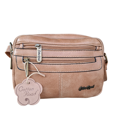 Cotton Road Sling Bag: KHAKI PU Leather Crossbody with Adjustable Strap FRONT DETAILING