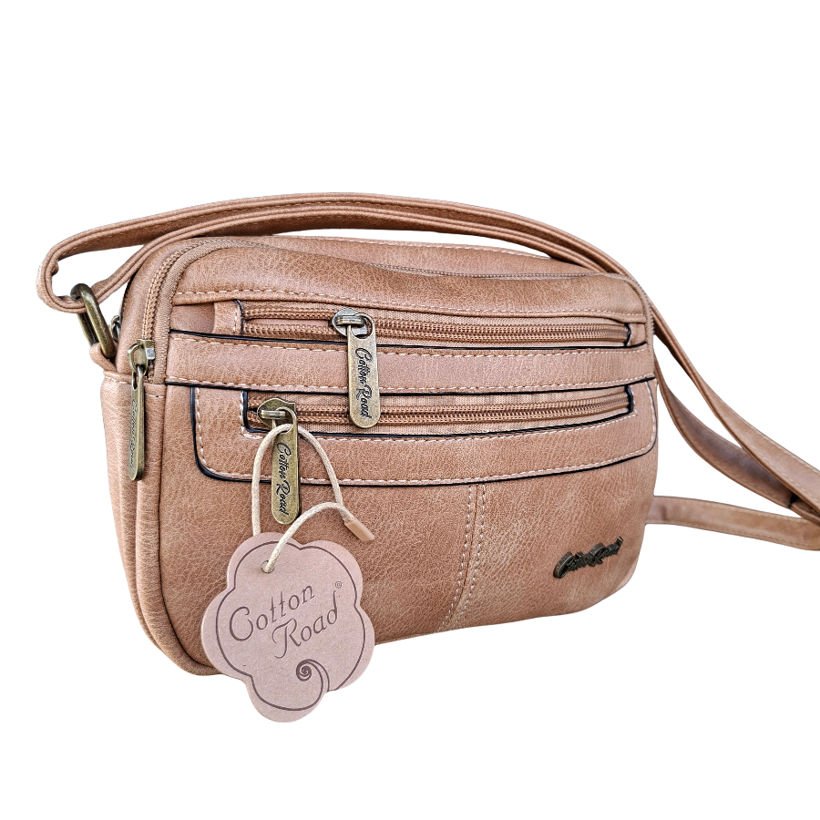 Cotton Road Sling Bag: KHAKI PU Leather Crossbody with Adjustable Strap SET