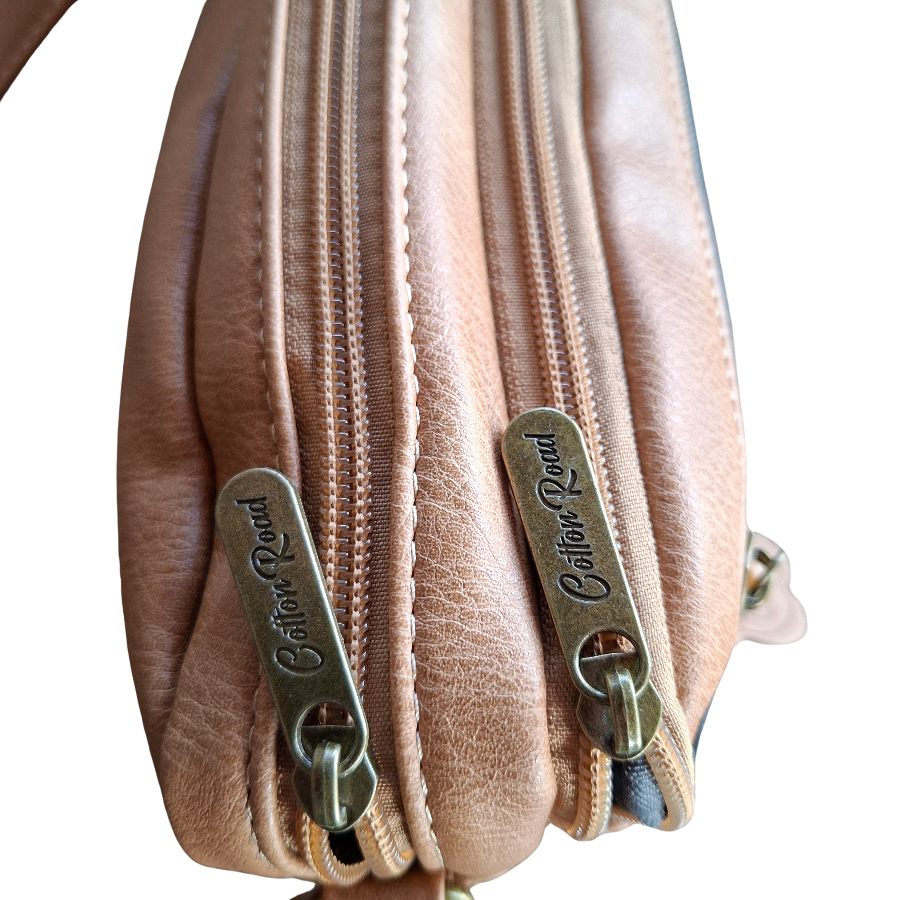 Cotton Road Sling Bag: KHAKI PU Leather Crossbody with Adjustable Strap TOP ZIPS