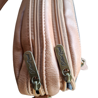 Cotton Road Sling Bag: KHAKI PU Leather Crossbody with Adjustable Strap TOP ZIPS