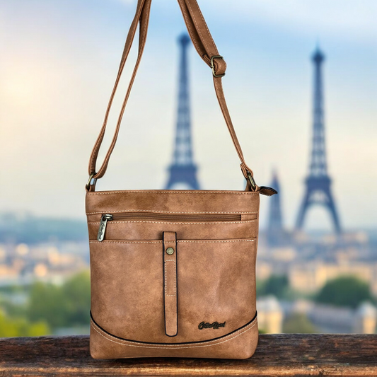 Cotton Road Sling Bag: KHAKI PU Leather Medium Sling Bag with STRAP detailing