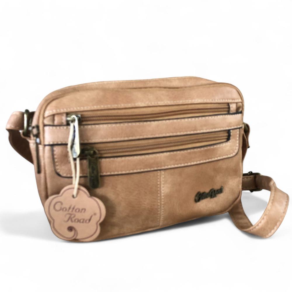 Cotton Road Sling Bag: KHAKI PU Leather Sling Bag front