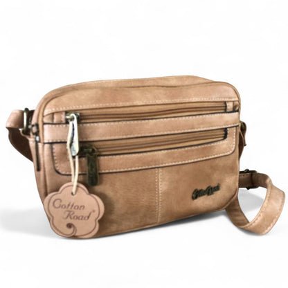 Cotton Road Sling Bag: KHAKI PU Leather Sling Bag front