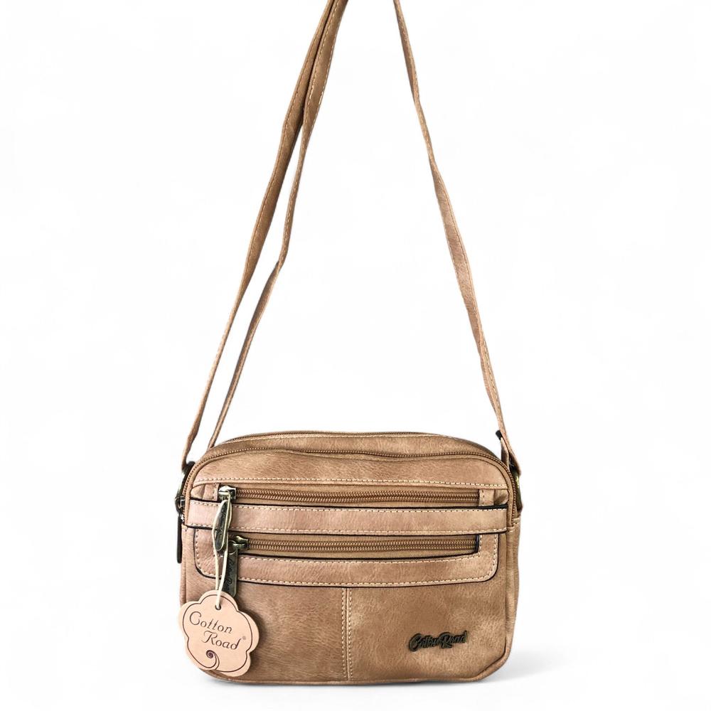Cotton Road Sling Bag: KHAKI PU Leather Sling Bag hanging