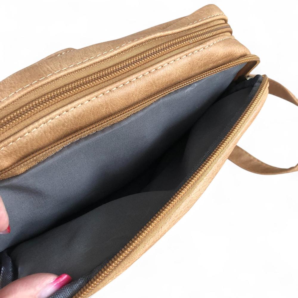 Cotton Road Sling Bag: KHAKI PU Leather Sling Bag pocket