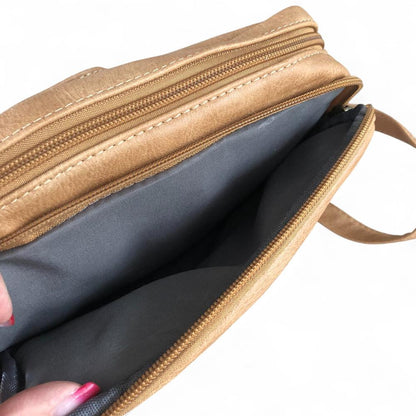 Cotton Road Sling Bag: KHAKI PU Leather Sling Bag pocket