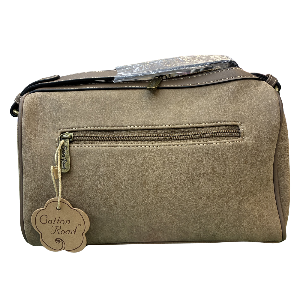 Cotton Road Sling Bag: KHAKI PU Leather with Embossed Protea and BRANDED Strap BACK