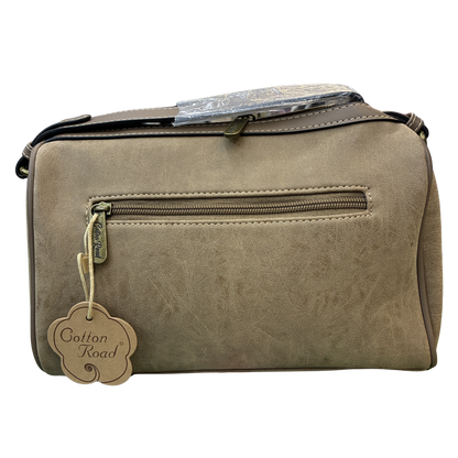 Cotton Road Sling Bag: KHAKI PU Leather with Embossed Protea and BRANDED Strap BACK