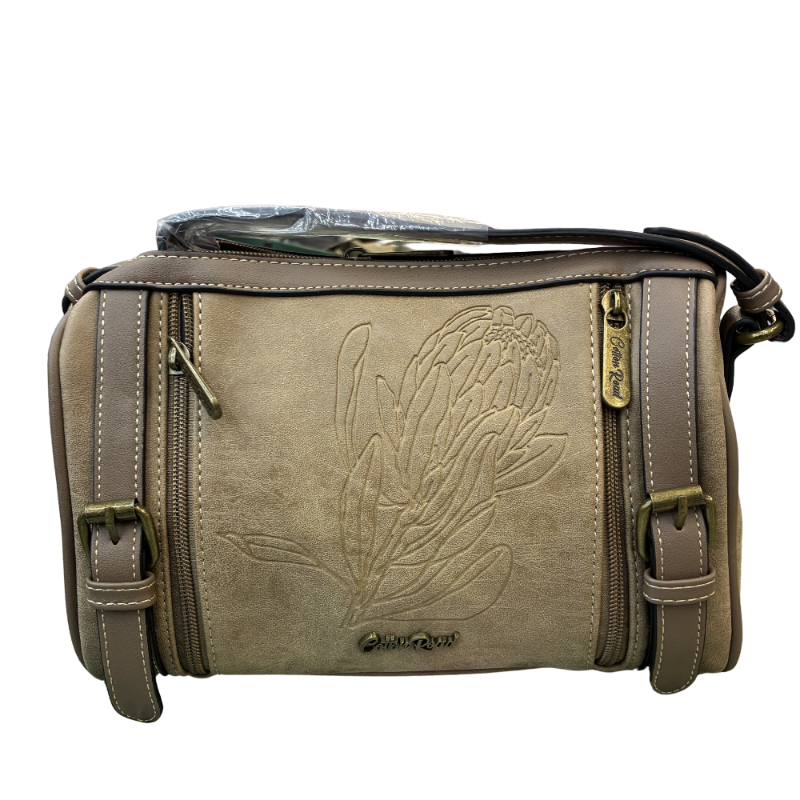 Cotton Road Sling Bag: KHAKI PU Leather with Embossed Protea and BRANDED Strap FRONT DETAIL VIEW