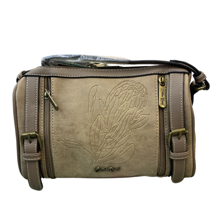Cotton Road Sling Bag: KHAKI PU Leather with Embossed Protea and BRANDED Strap FRONT DETAIL VIEW
