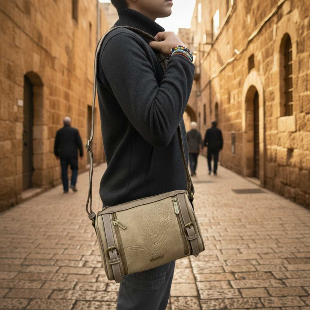 Cotton Road Sling Bag: KHAKI PU Leather with Embossed Protea and BRANDED Strap LIFESTYLE