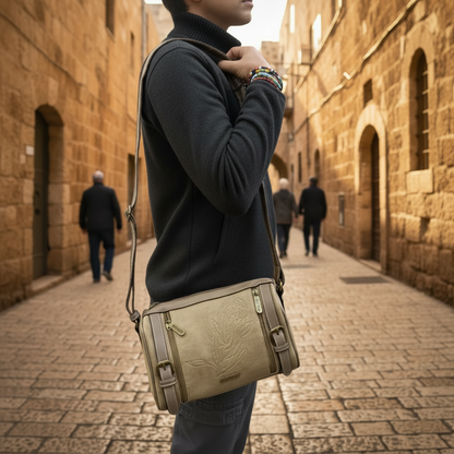 Cotton Road Sling Bag: KHAKI PU Leather with Embossed Protea and BRANDED Strap LIFESTYLE