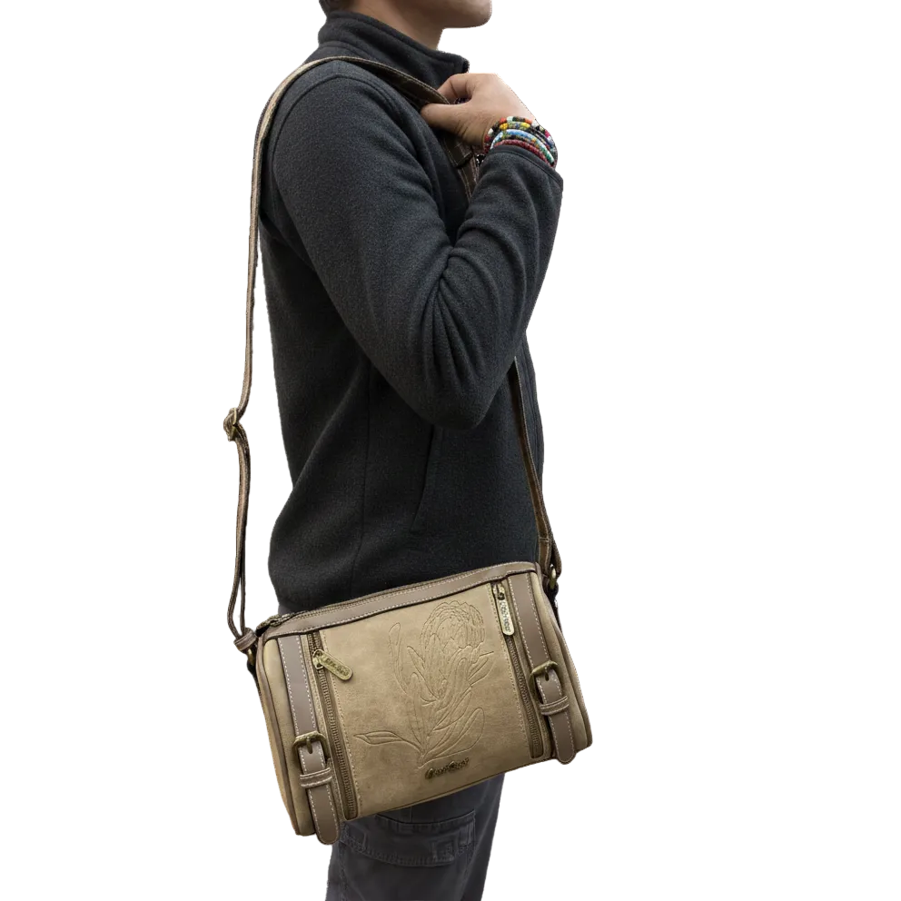 Cotton Road Sling Bag: KHAKI PU Leather with Embossed Protea and BRANDED Strap OVER SHOULDER