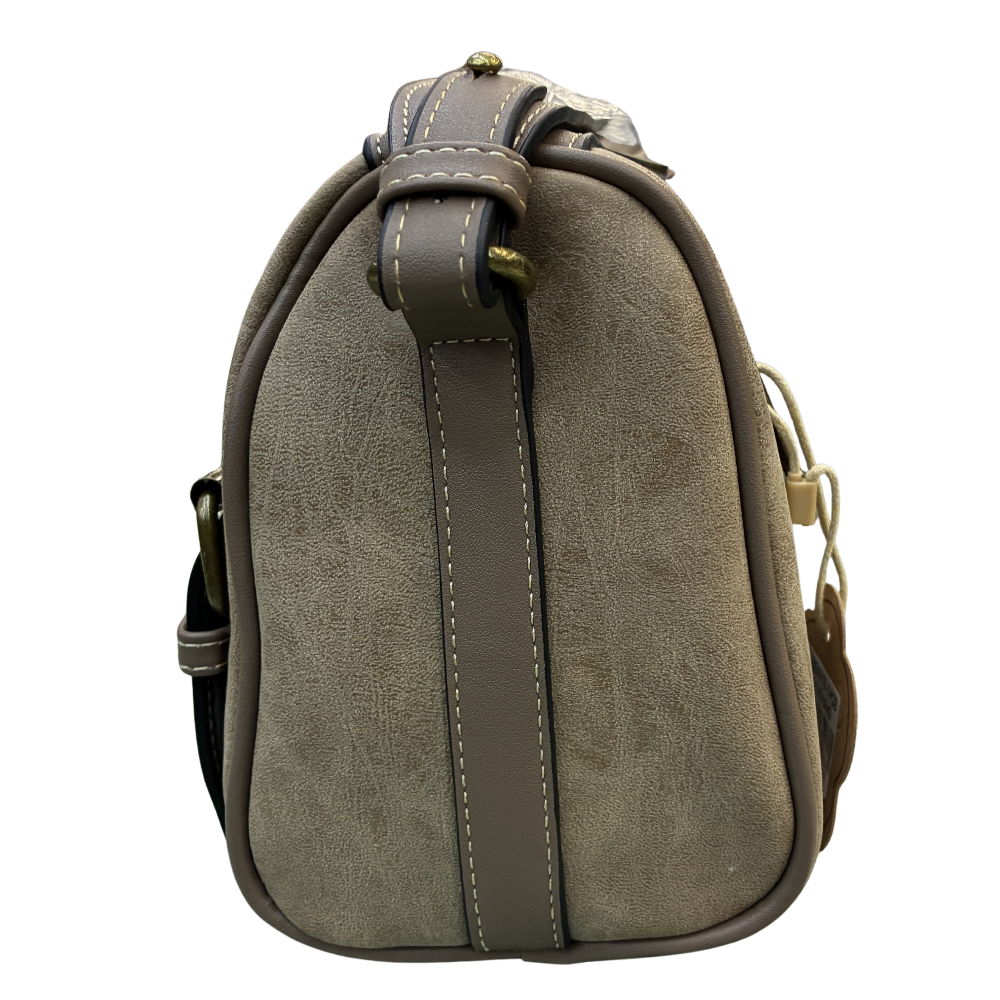 Cotton Road Sling Bag: KHAKI PU Leather with Embossed Protea and BRANDED Strap SIDE VIEW