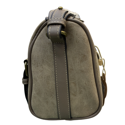 Cotton Road Sling Bag: KHAKI PU Leather with Embossed Protea and BRANDED Strap SIDE VIEW