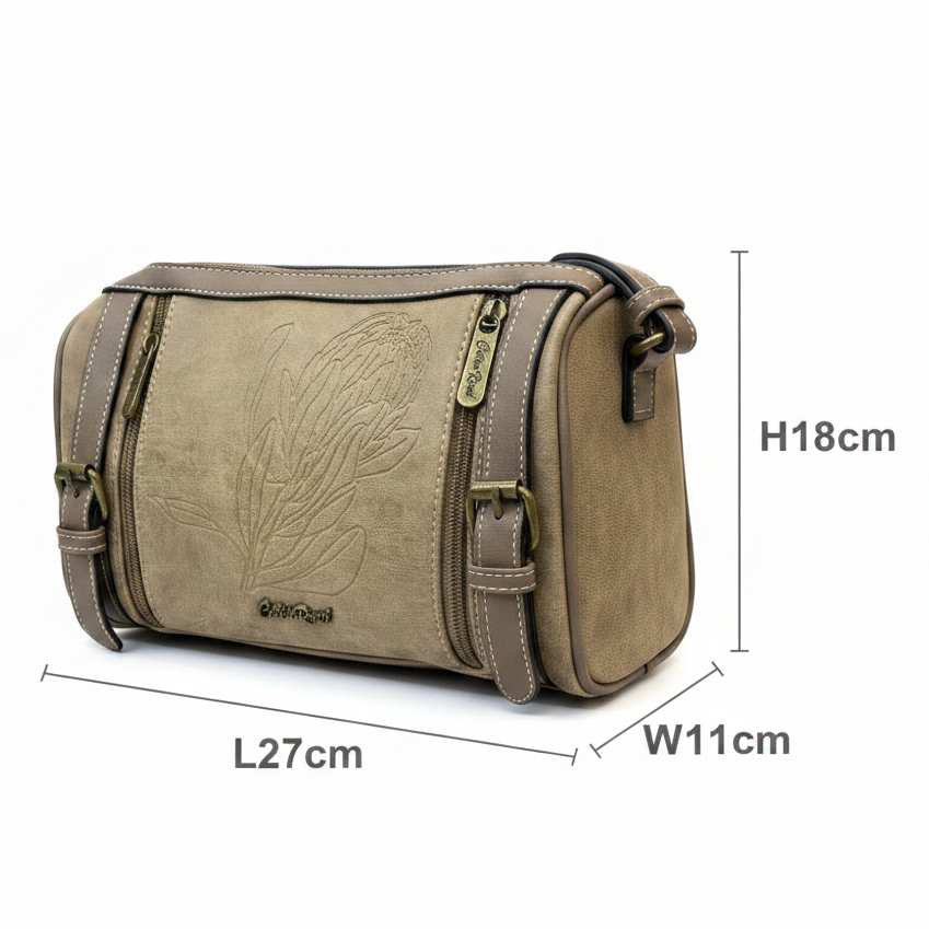 Cotton Road Sling Bag: KHAKI PU Leather with Embossed Protea and BRANDED Strap SIZE