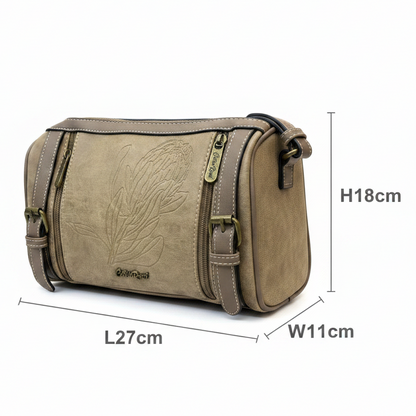 Cotton Road Sling Bag: KHAKI PU Leather with Embossed Protea and BRANDED Strap SIZE