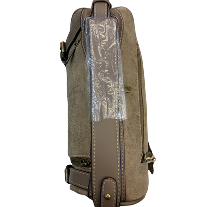 Cotton Road Sling Bag: KHAKI PU Leather with Embossed Protea and BRANDED Strap TOP VIEW