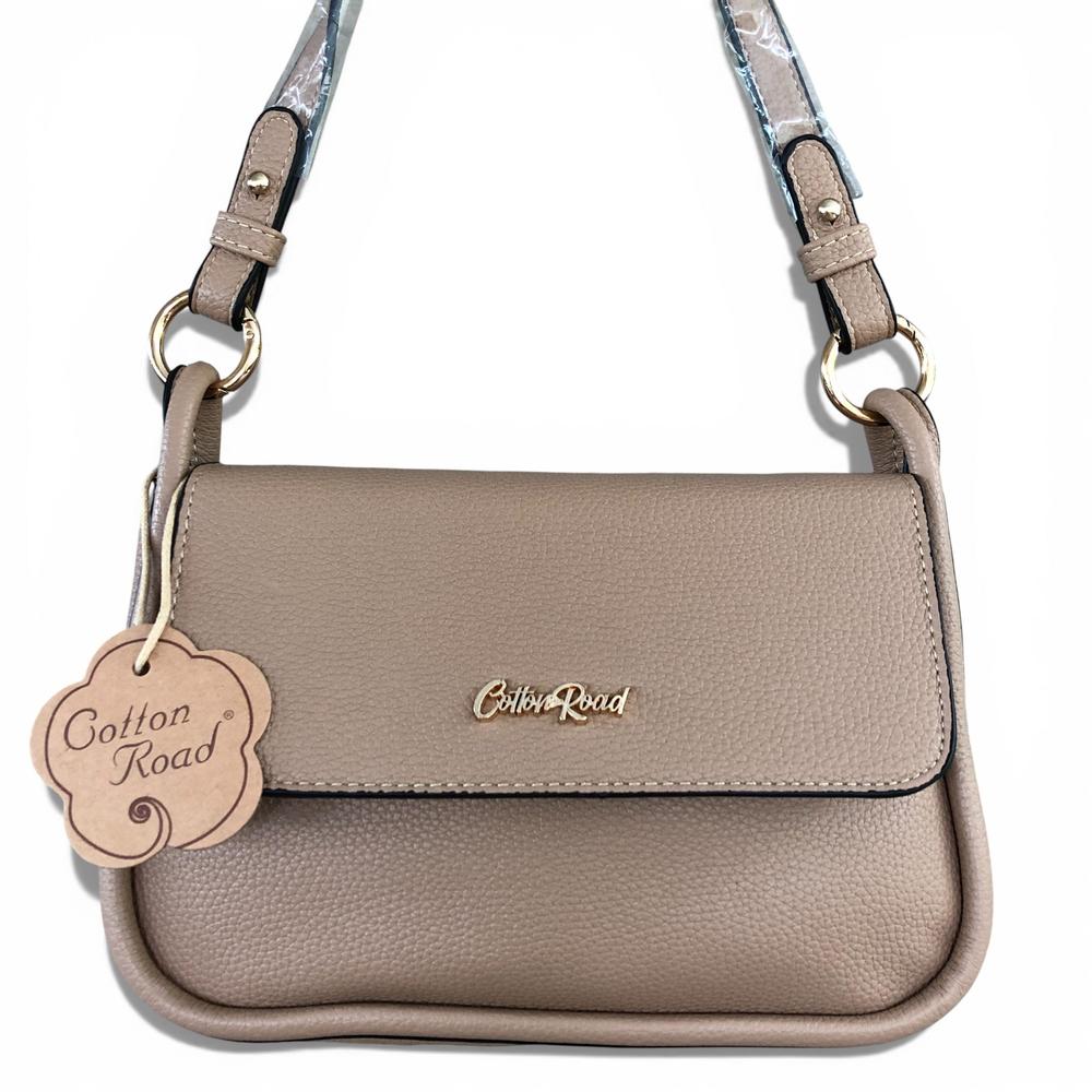 Cotton Road Sling Bag: KHAKI PU Leather with Shoulder Strap FRONT VIEW
