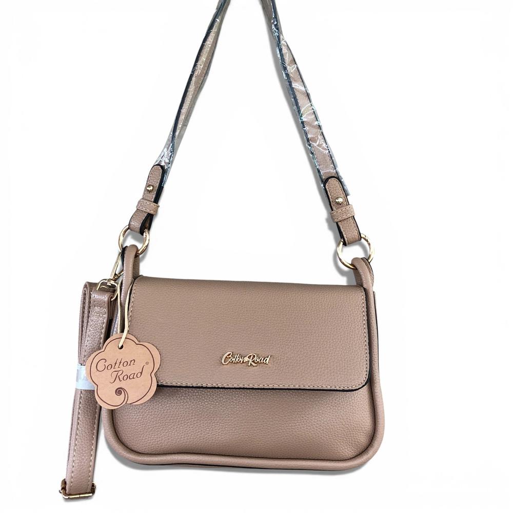 Cotton Road Sling Bag: KHAKI PU Leather with Shoulder Strap HANGING VIEW