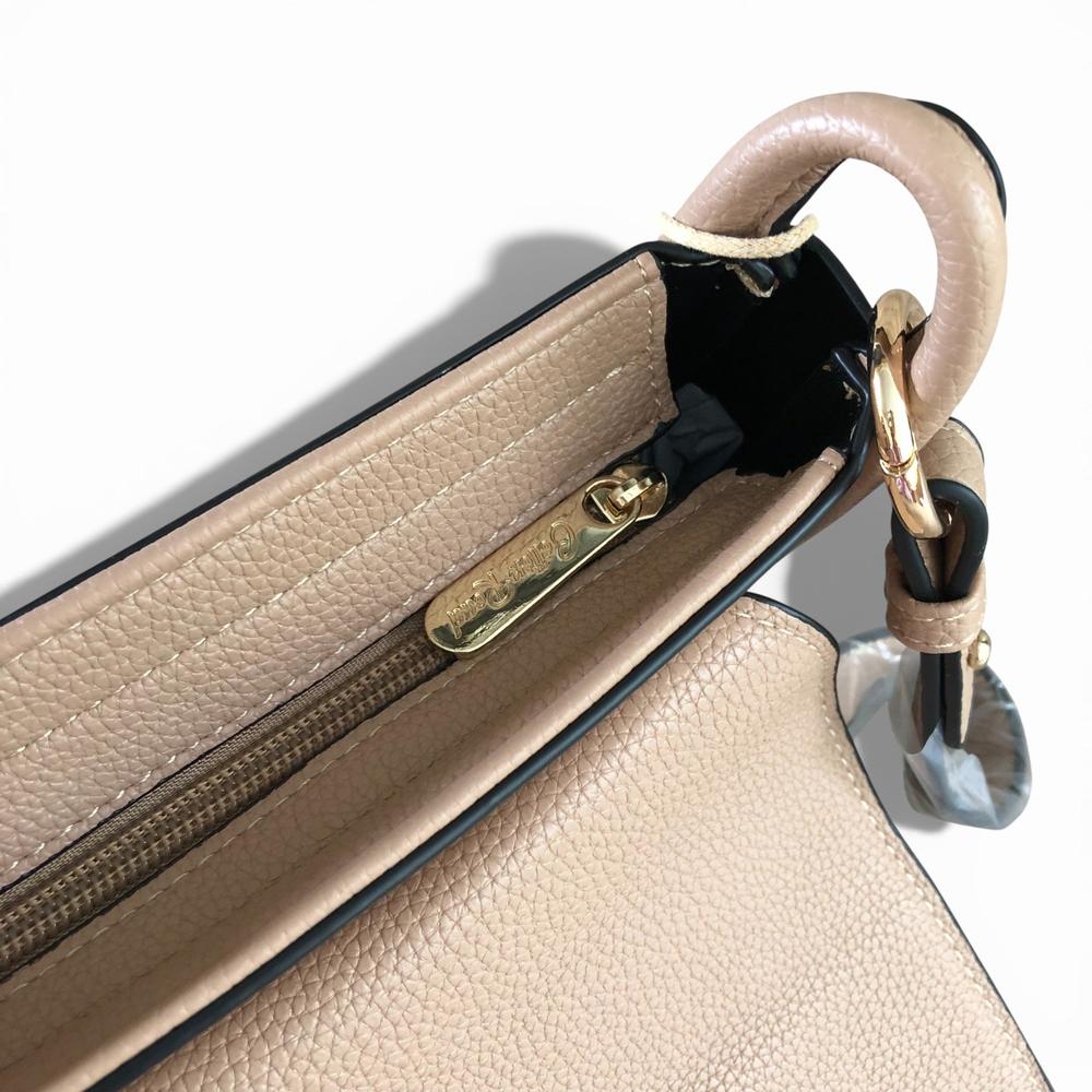 Cotton Road Sling Bag: KHAKI PU Leather with Shoulder Strap TOP ZIP CLOSURE