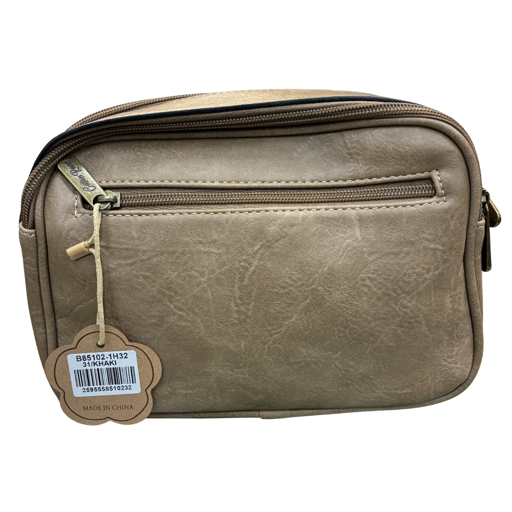Cotton Road Sling Bag: KHAKI Protea PU Leather Crossbody Bag with Branded Strap BACK