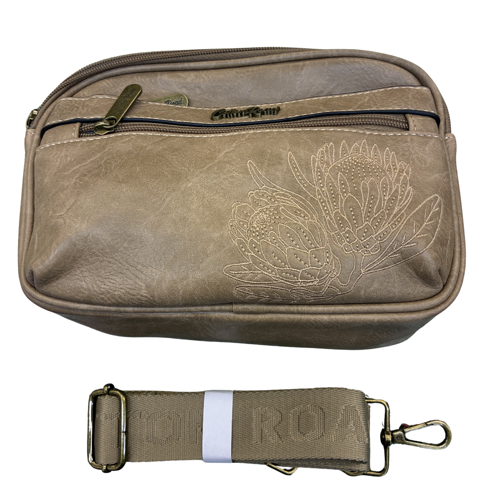 Cotton Road Sling Bag: KHAKI Protea PU Leather Crossbody Bag with Branded Strap FRONT