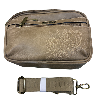 Cotton Road Sling Bag: KHAKI Protea PU Leather Crossbody Bag with Branded Strap FRONT